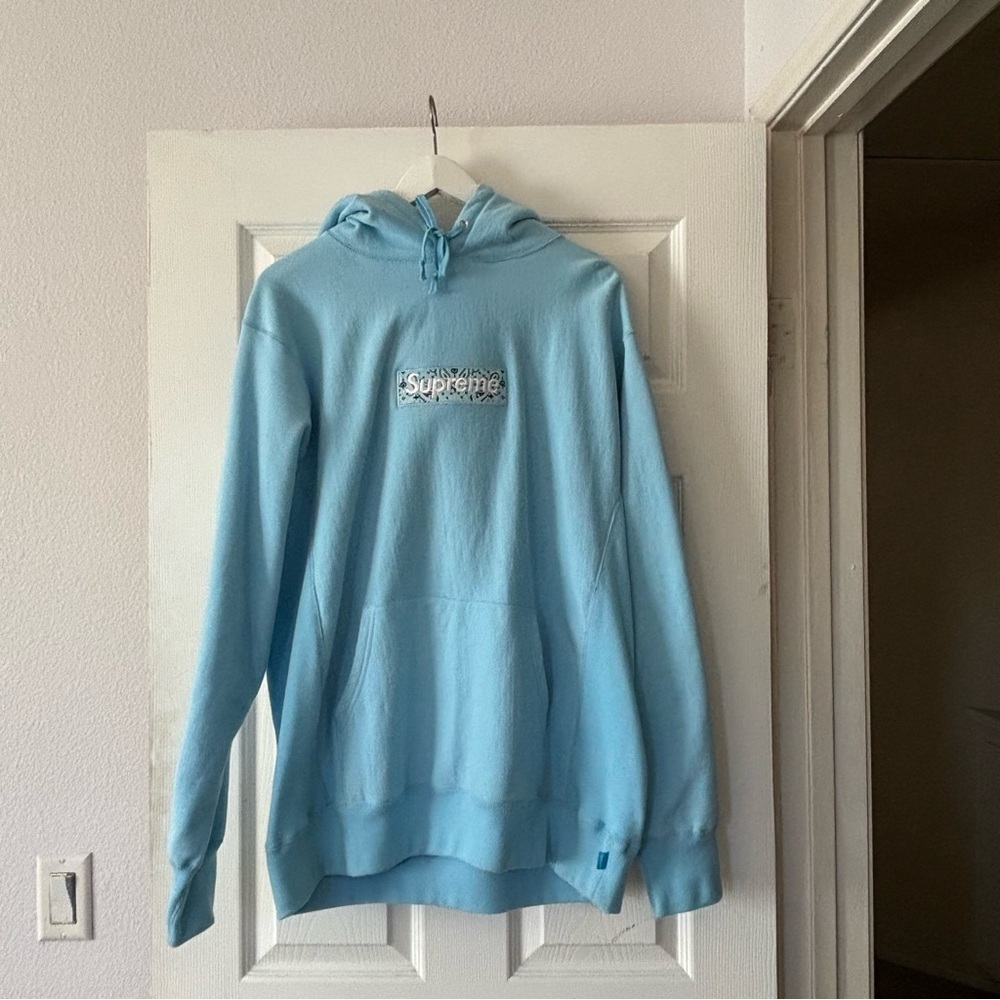 Supreme Light Blue Bandana Box Logo Hoodie Size L